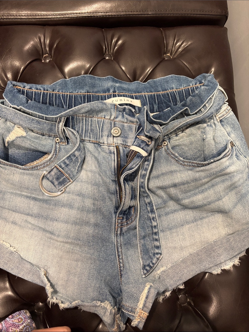 eunina Light Blue Denim Paperbag Waist Tie-Front Shorts